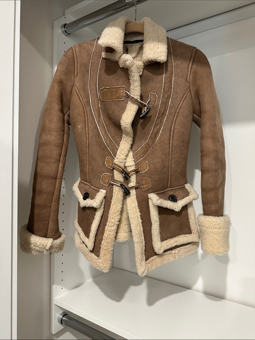 Women's Tan Suede Shearling-Trim Toggle Jacket